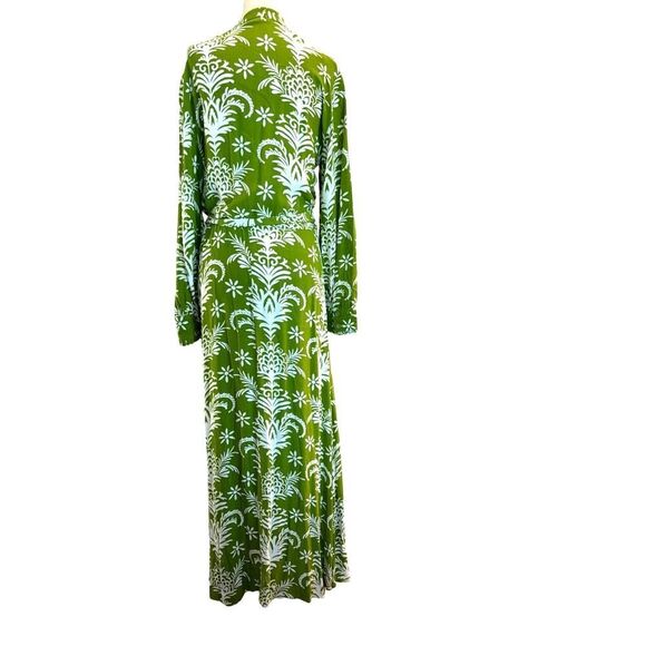 Made in TURKEY ZARA Maxi Dress L/S Button Front Cuff Green White Floral Belt S - Picture 2 of 8